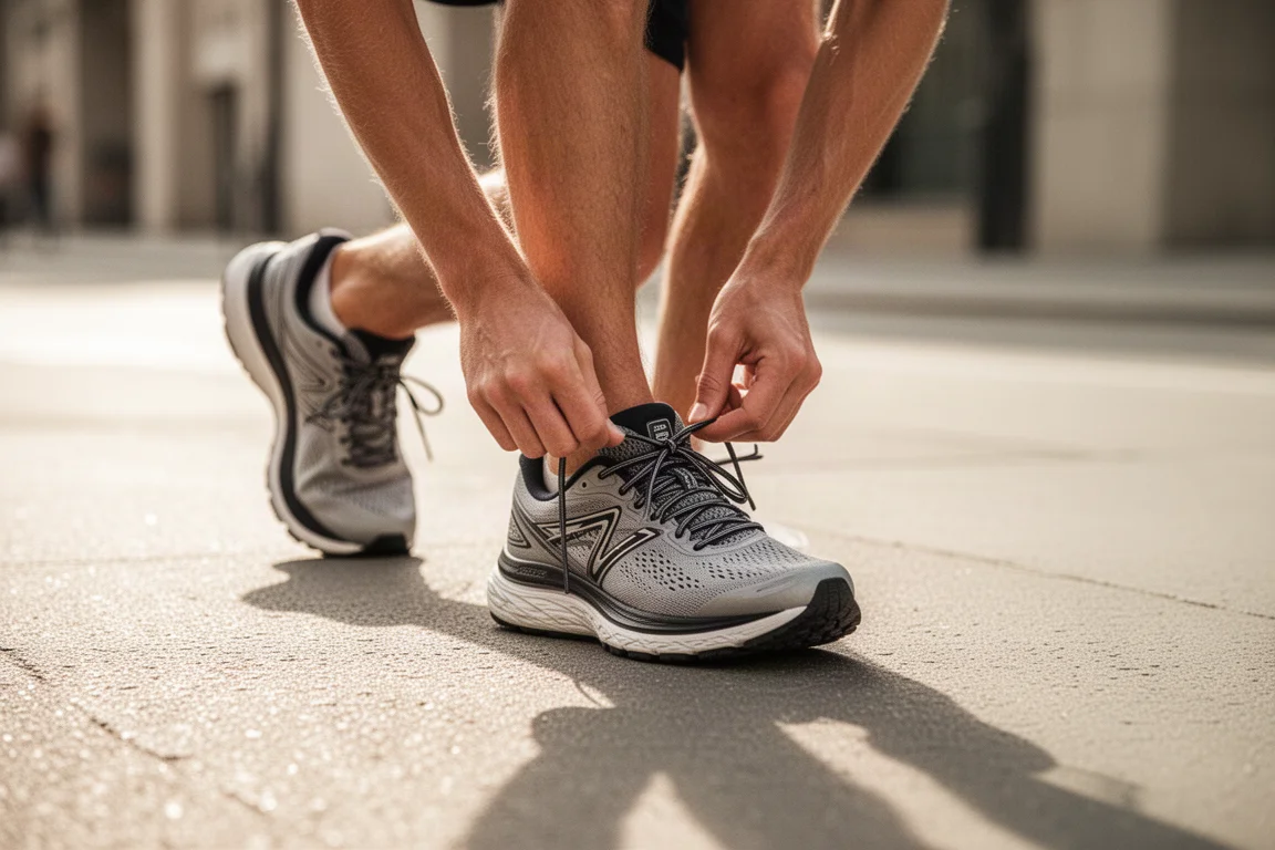Un corridore allaccia una scarpa da running ammortizzata su un marciapiede urbano illuminato dal sole