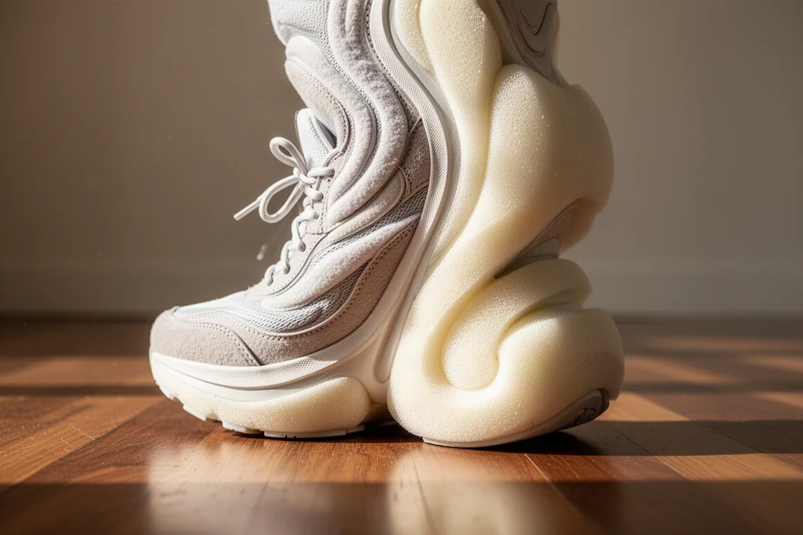 La suola intermedia di una scarpa da running max-cushion alta appoggiata su un pavimento in legno