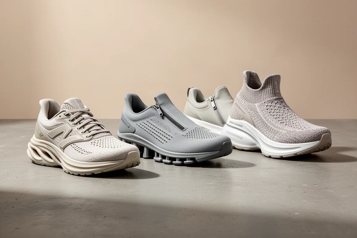 Four running shoes from Hoka and Adidas lined up on a concrete surface