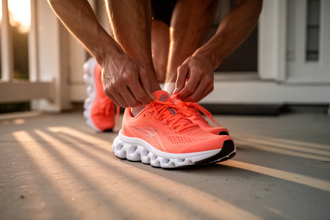Un corridore allaccia una scarpa da running con suola arancione prima di un allenamento mattutino