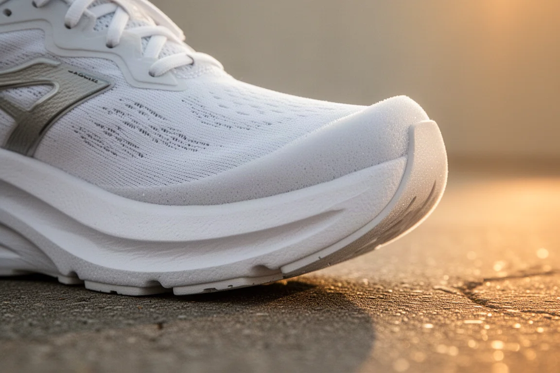 Primo piano della geometria a bilico curva del midsole di una scarpa da running