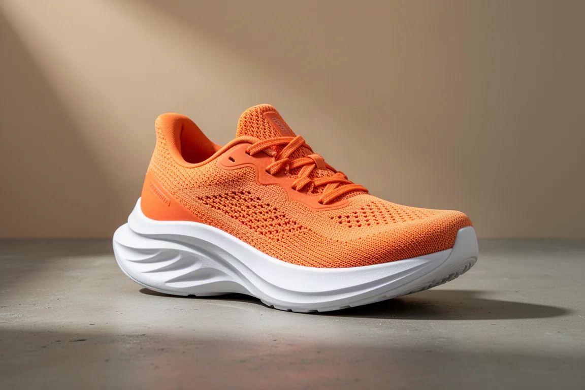 Hoka Clifton Pro running shoe with citrus orange upper and white midsole on concrete