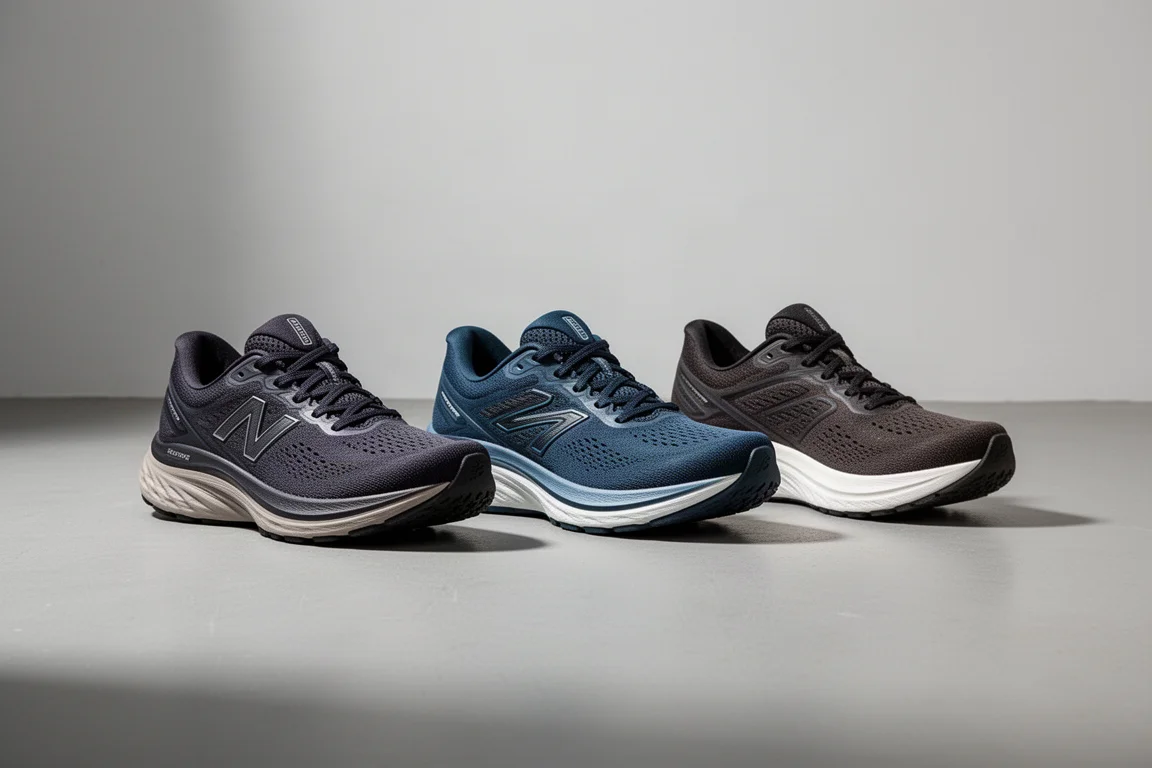 Drie hardloopschoenen naast elkaar op een lichte studiovloer