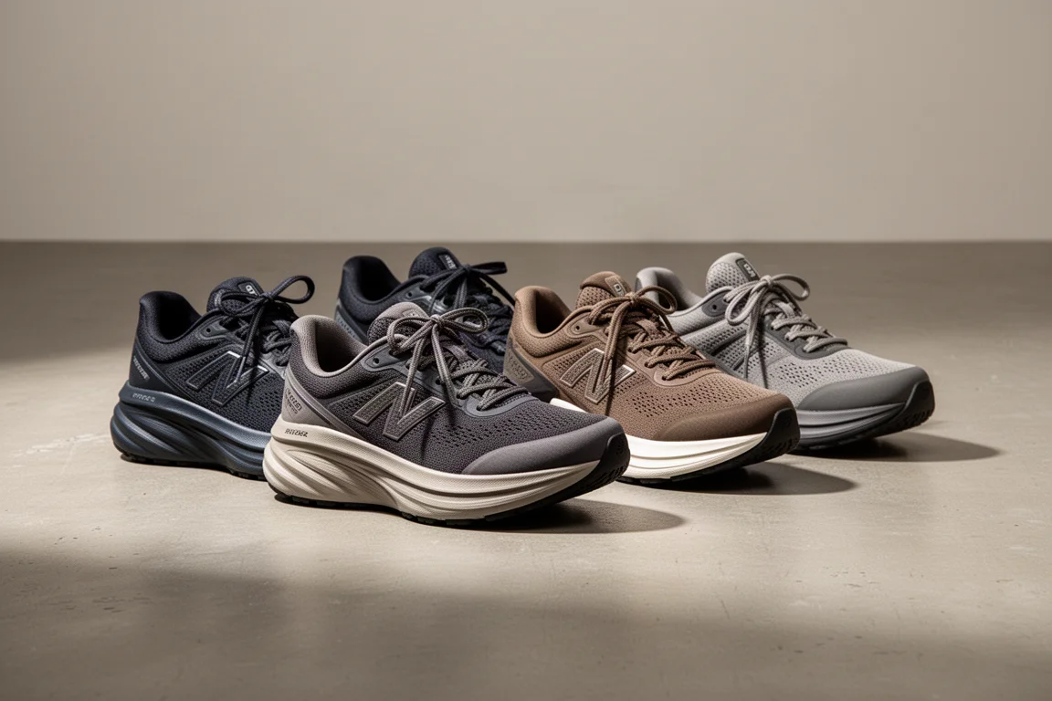 Five cushioned running shoes arranged on a concrete floor