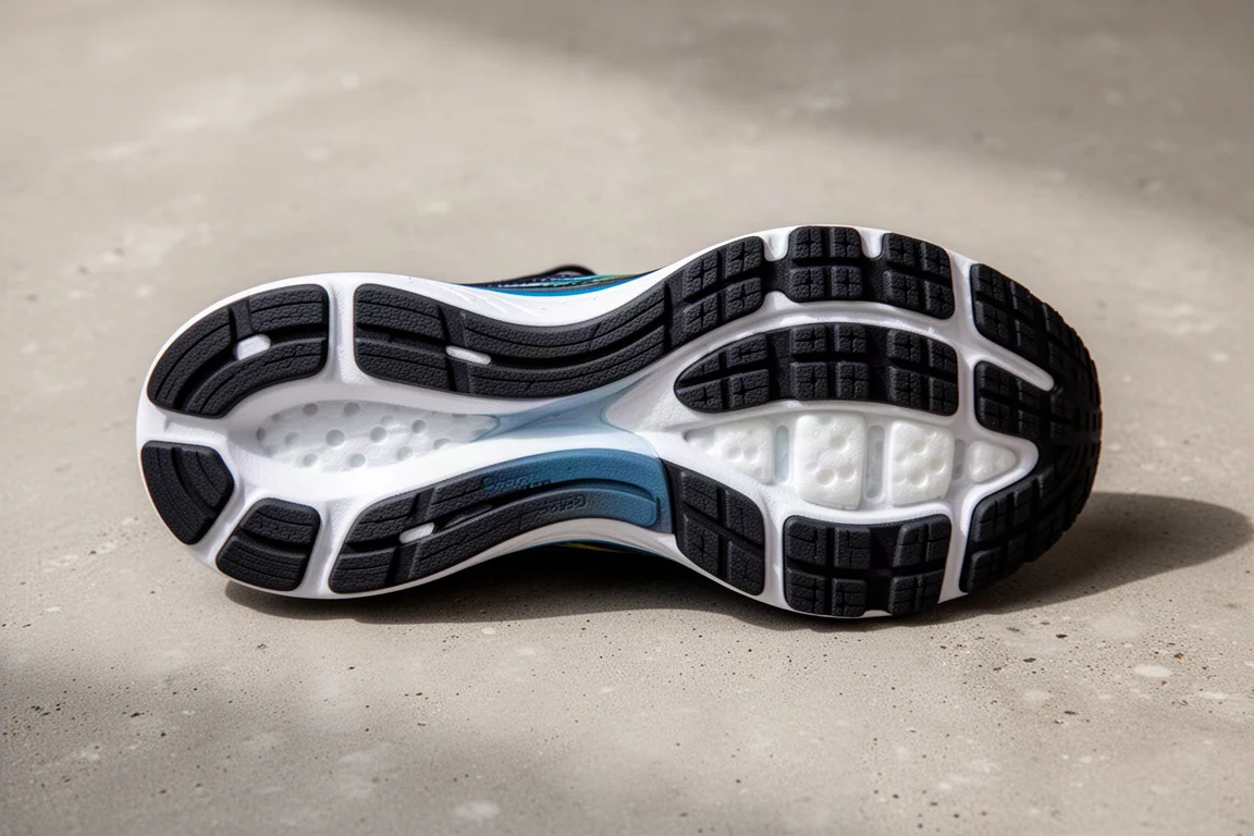 Detail einer Laufschuh-Außensohle mit zonengerechter Gummibedeckung und freiliegender Zwischensohle