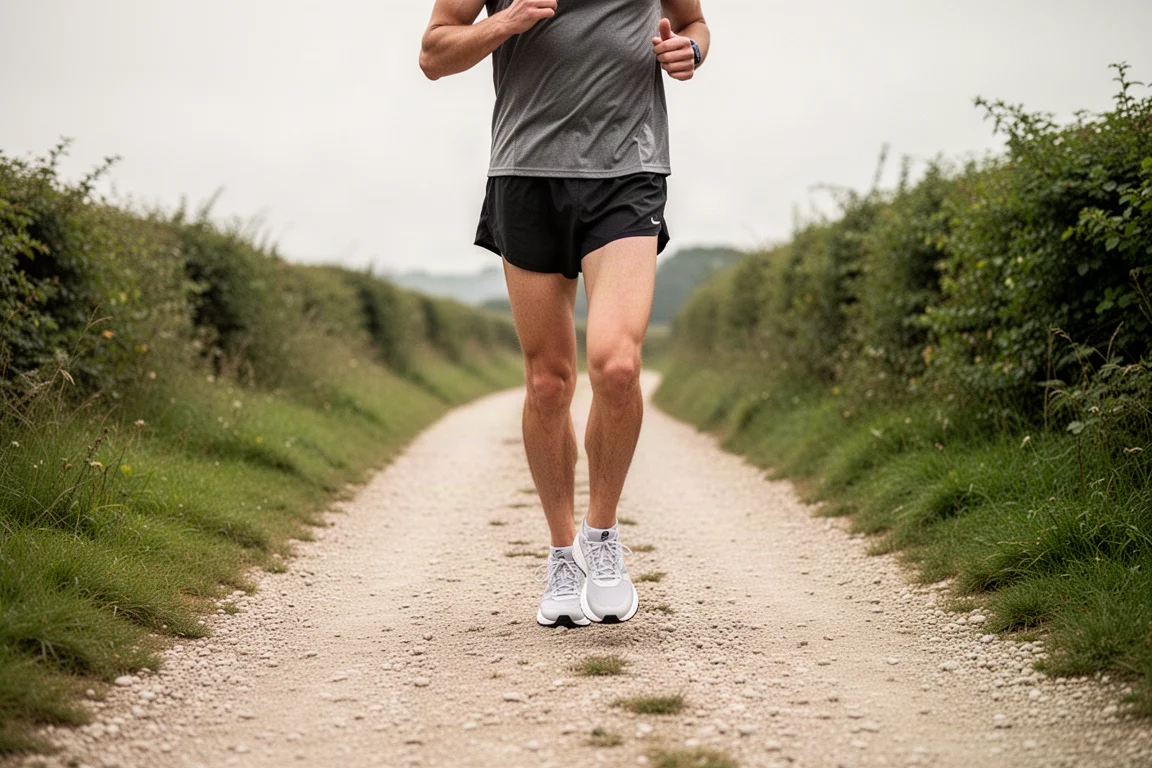 Läufer dehnt sich nach einem langen lockeren Lauf auf einem Feldweg