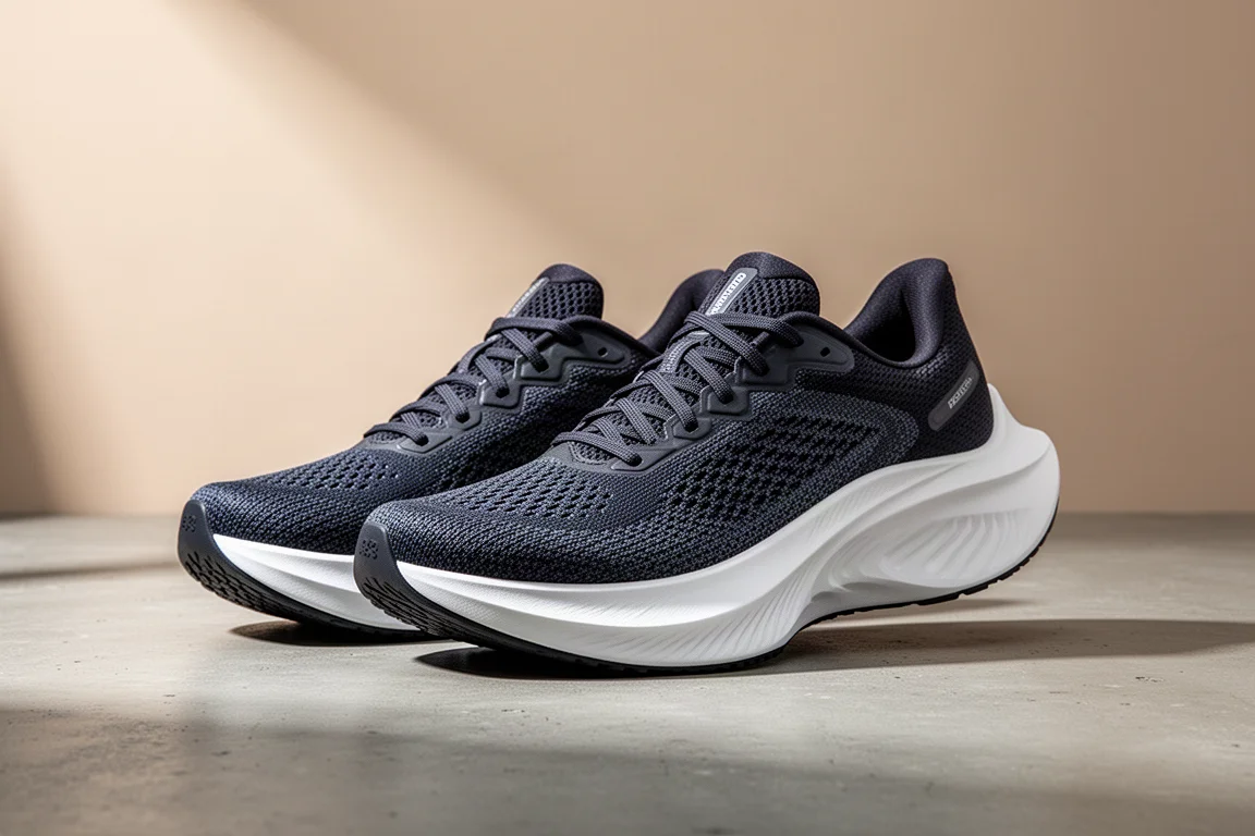 Hoka Clifton Pro running shoes with thick white midsole on concrete surface