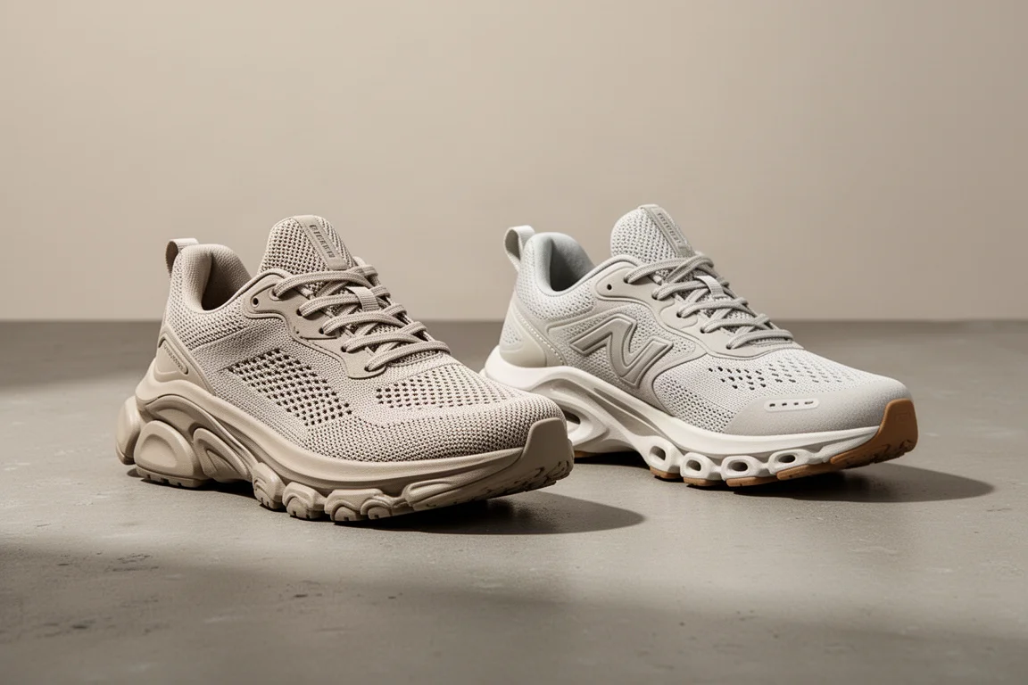 Two cushioned running shoes side by side on a concrete surface