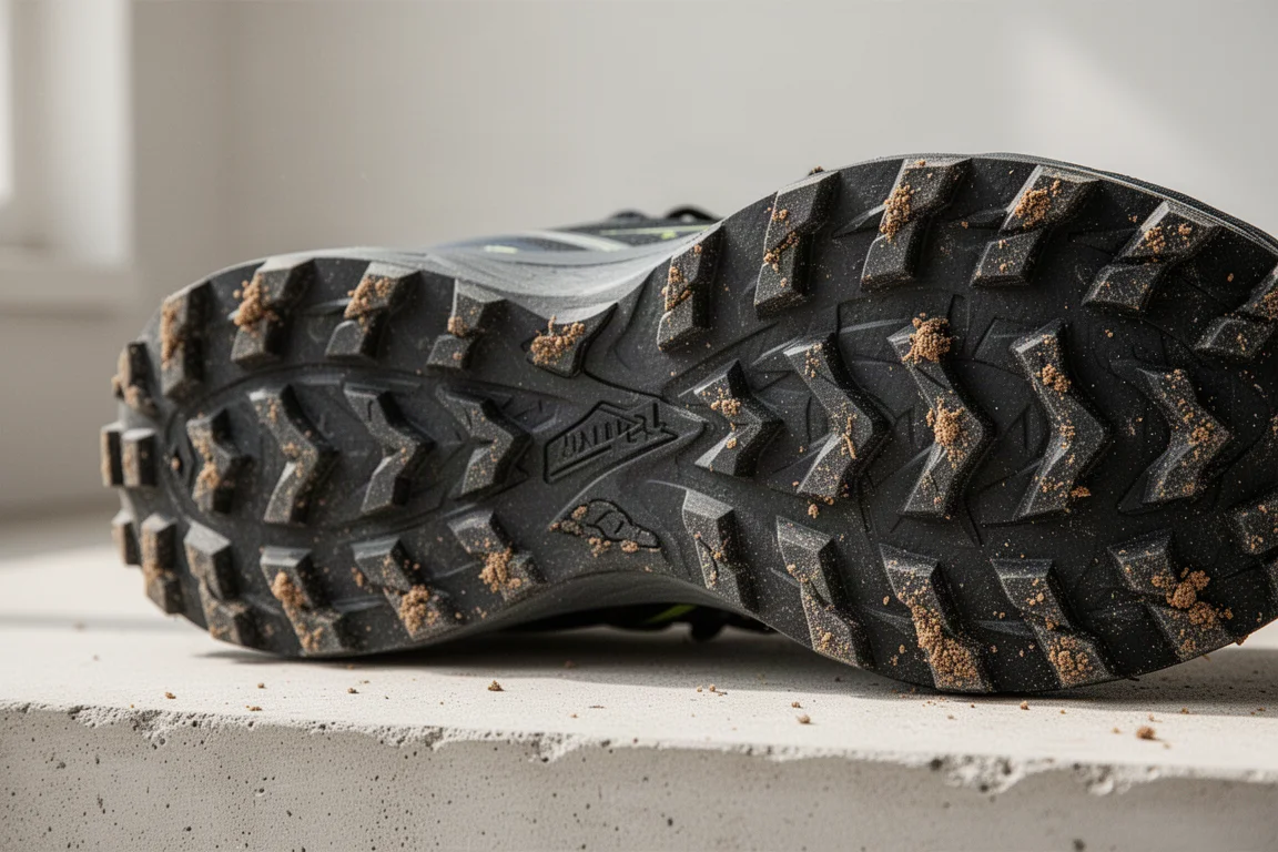 Primer plano de la suela exterior de una zapatilla de trail robusta con tacos profundos