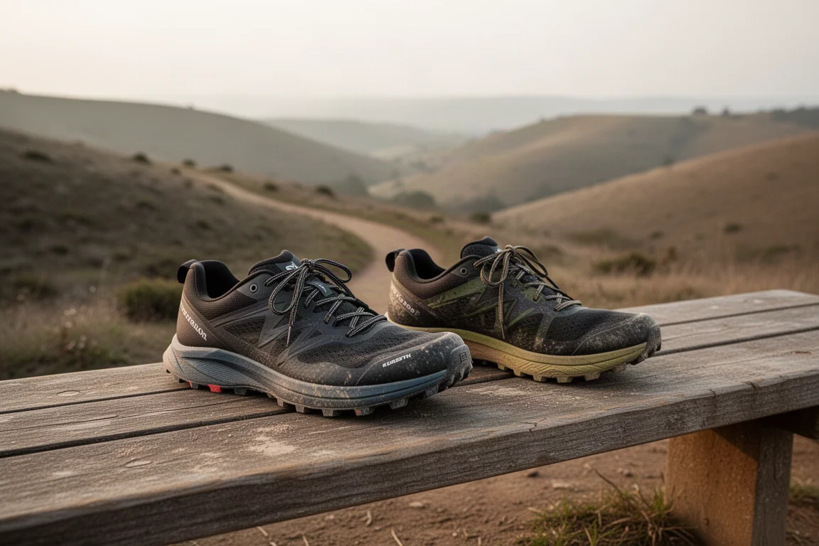 Dos zapatillas de trail lado a lado sobre un banco de madera tras una carrera