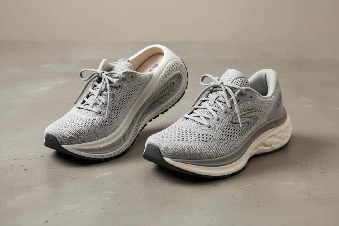 Two stability running shoes side by side on a concrete surface