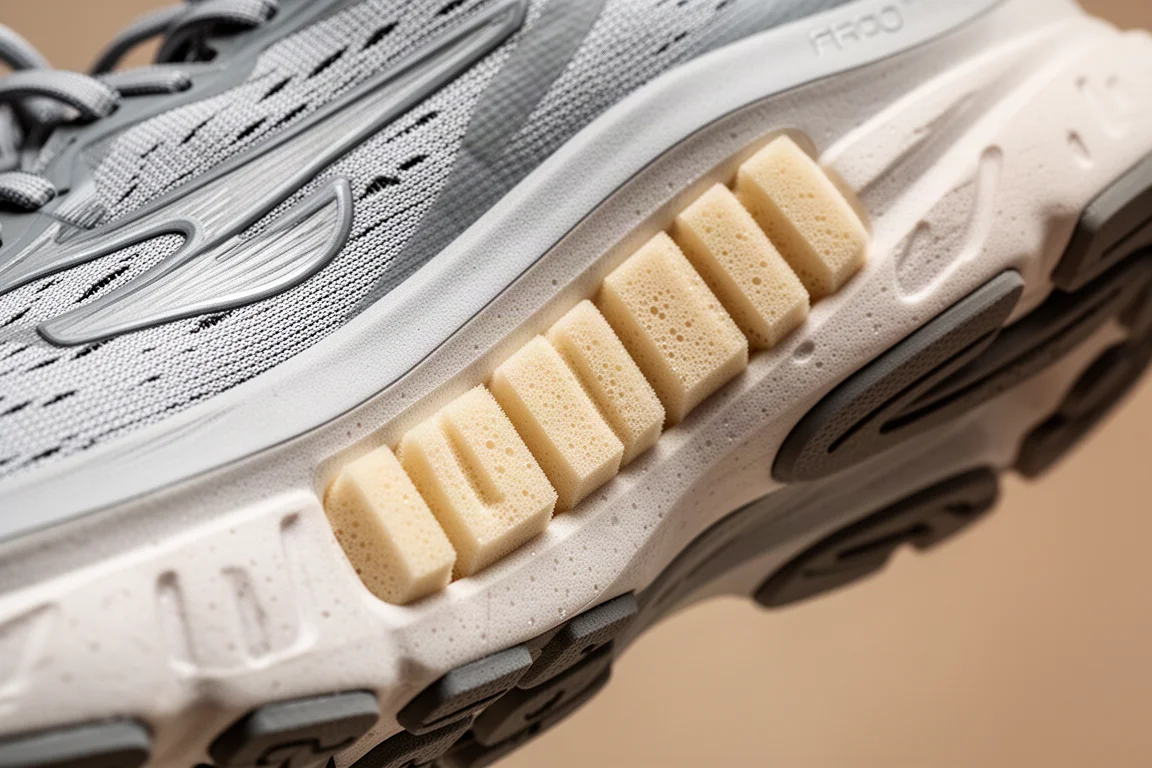 Close-up of a running shoe midsole showing a firm medial support post