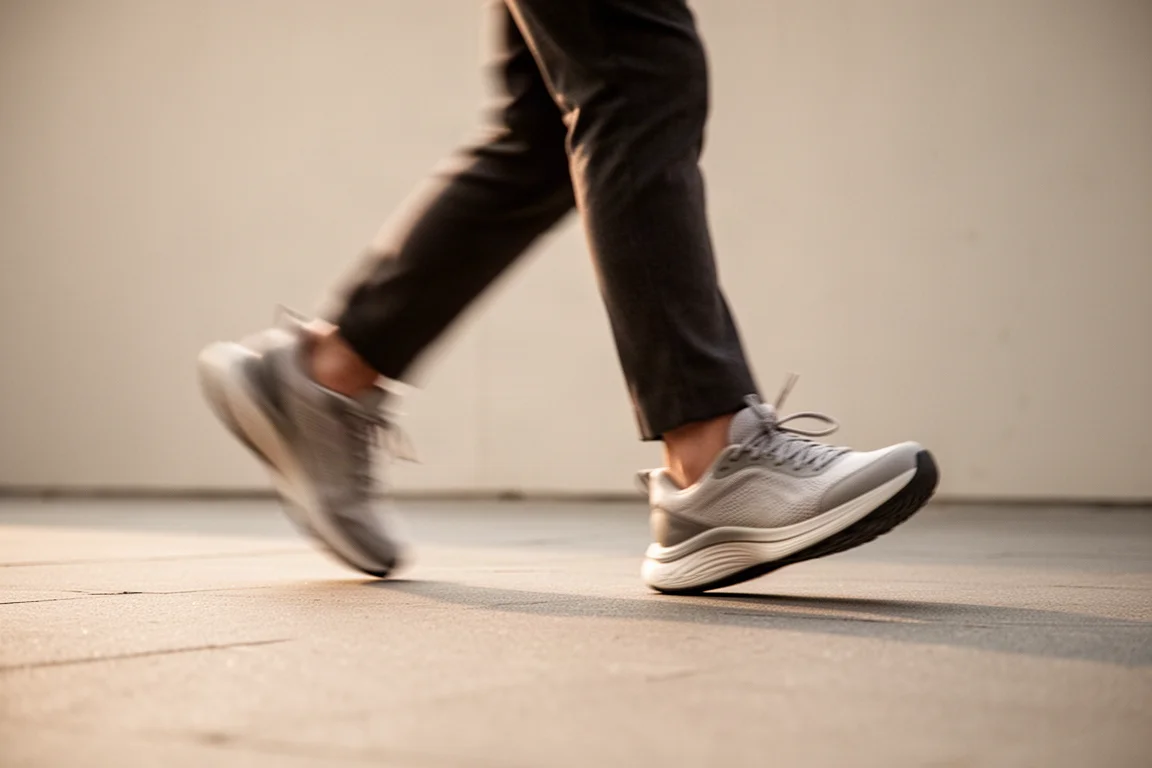 Person walking on a paved path wearing cushioned shoes
