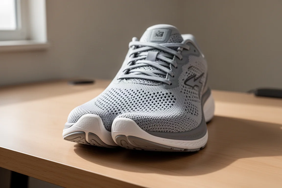 Wide toe box running shoe with toes visibly spread