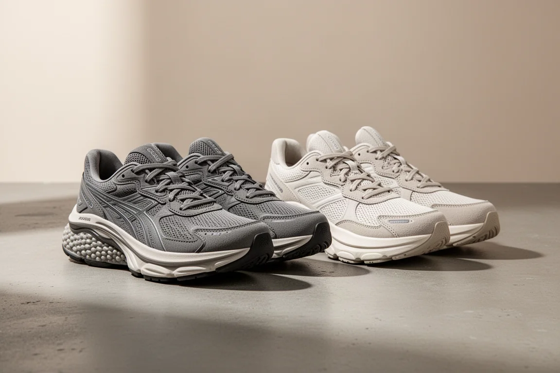 Two pairs of Hoka-style stability running shoes side by side on concrete