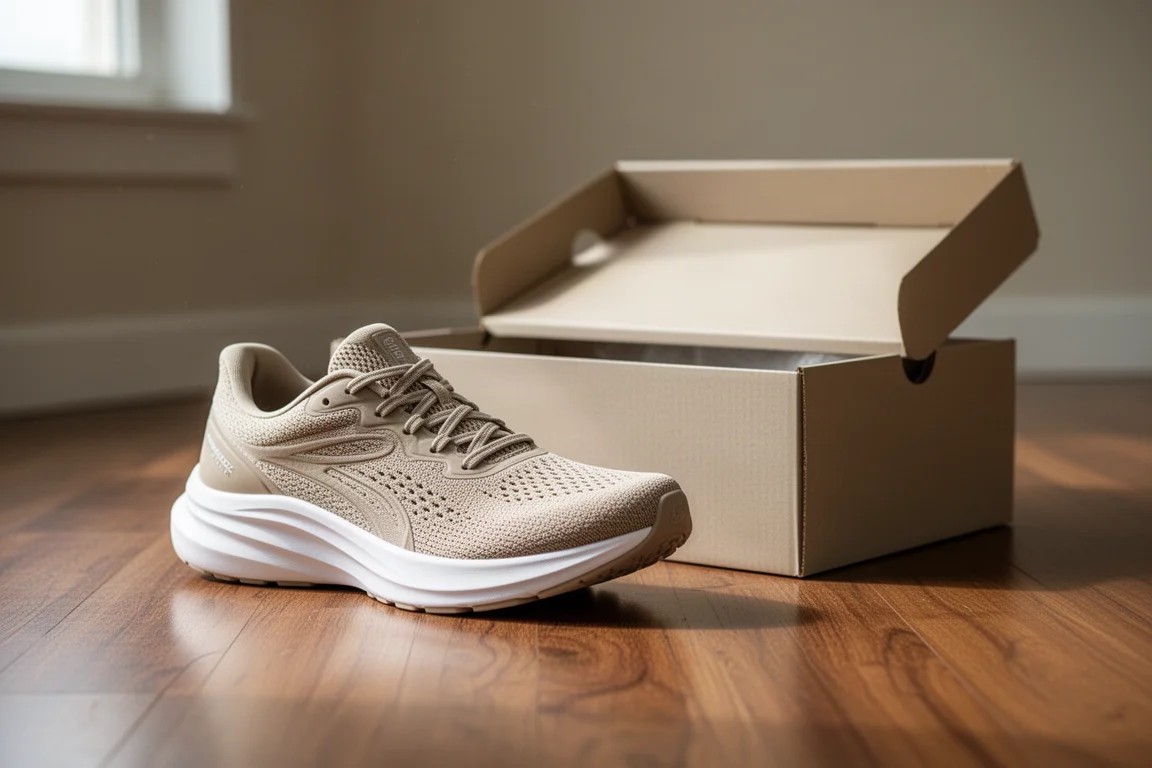 Maximal gedämpfter Stabilitätslaufschuh auf einem Holzboden neben einem Schuhkarton