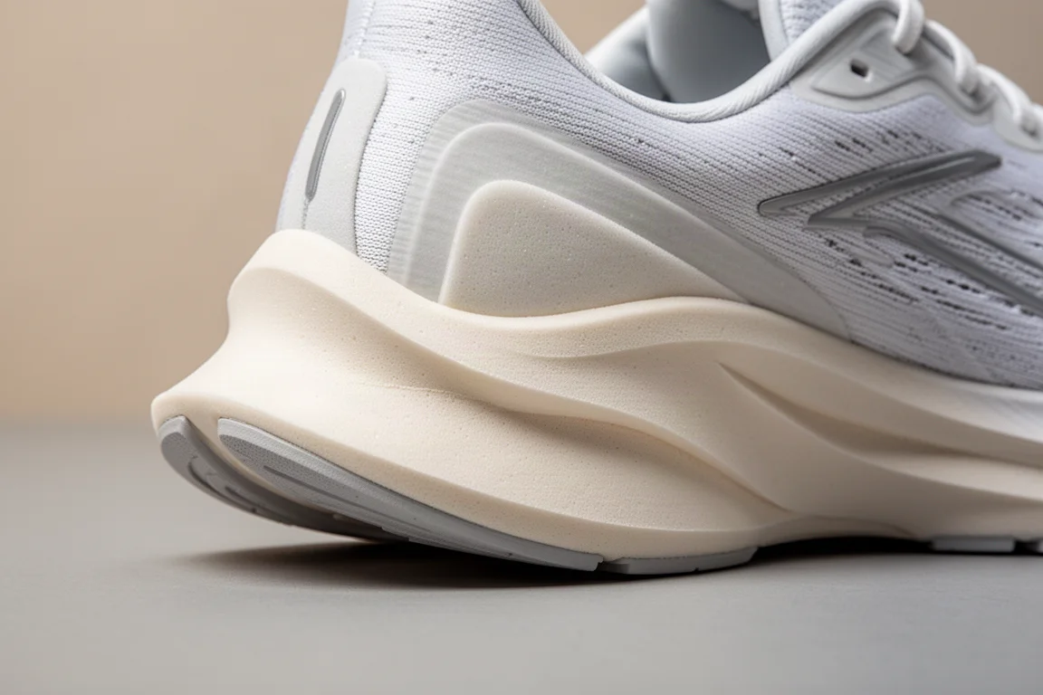 Nahaufnahme einer breiten, ausgestellten Fersenbasis an einem Stabilitätslaufschuh