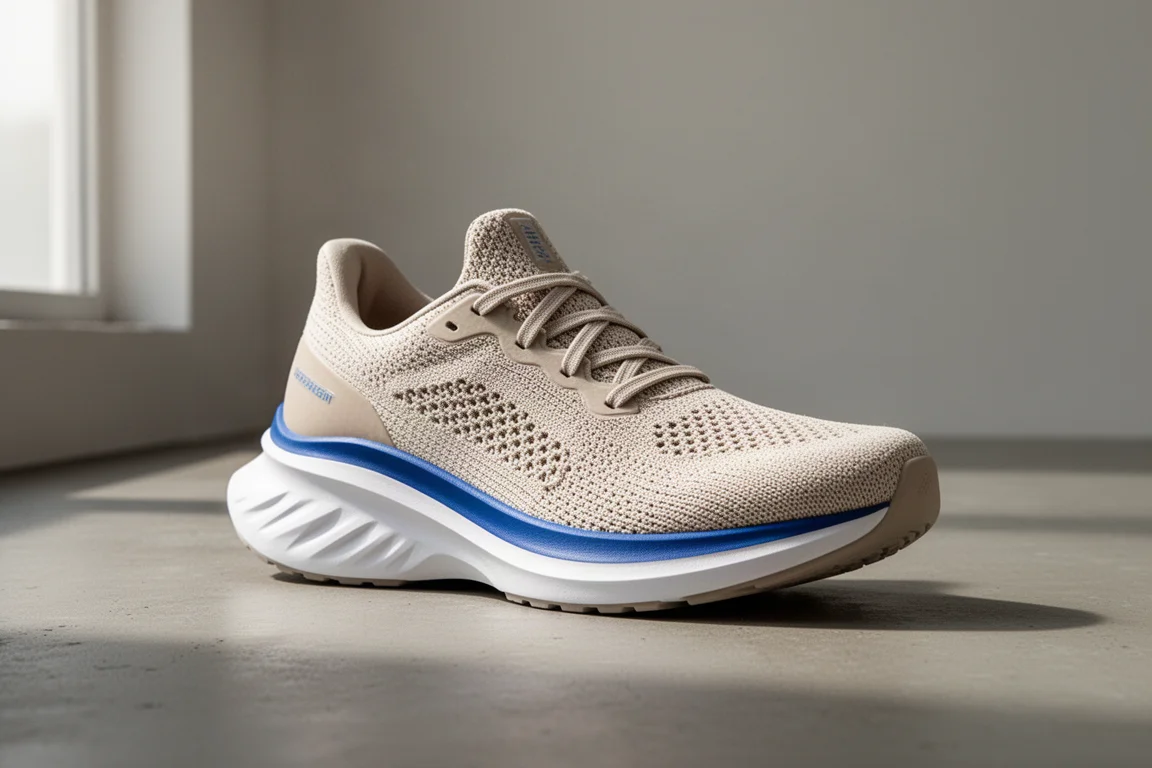 Hoka Gaviota 5 stability running shoe with oatmeal upper and blue midsole stripe on concrete