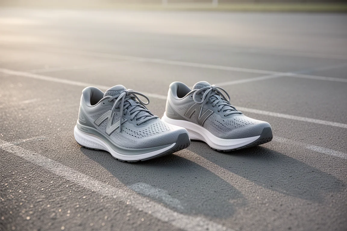 Two cushioned running shoes side by side on a track ready for a comparison run