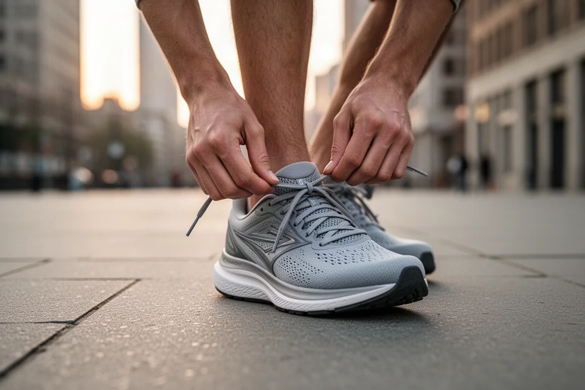 Close-up of a runner lacing up a cushioned running shoe on a city pavement