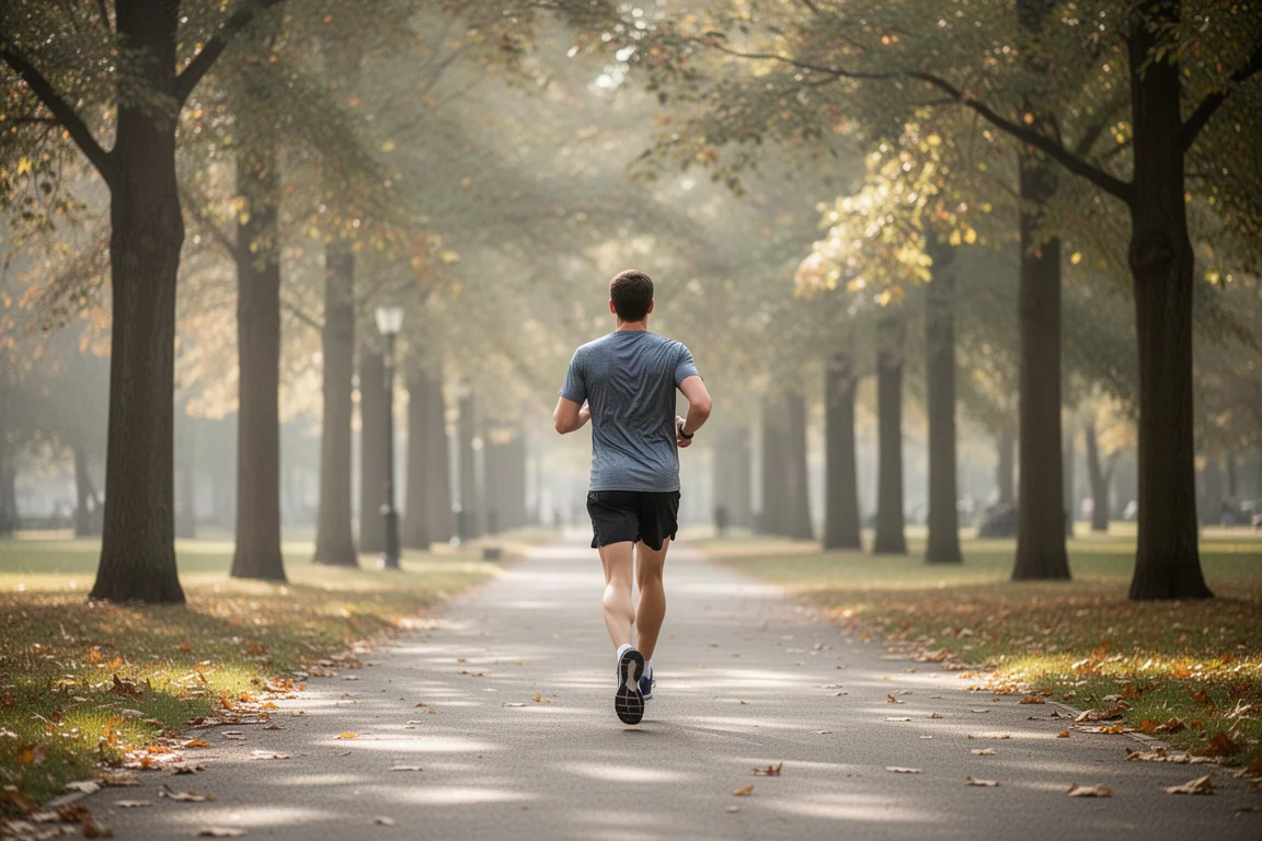 Runner jogging at an easy pace on a tree-lined park path in soft light