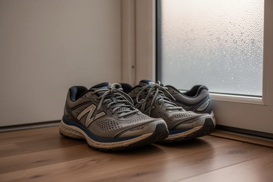 Pair of running shoes resting by a door after a recovery run