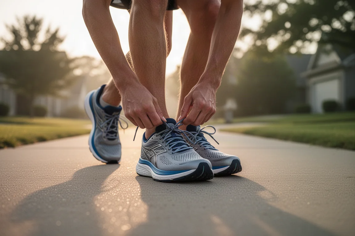 Corredor atándose las zapatillas de running antes de un entrenamiento matutino