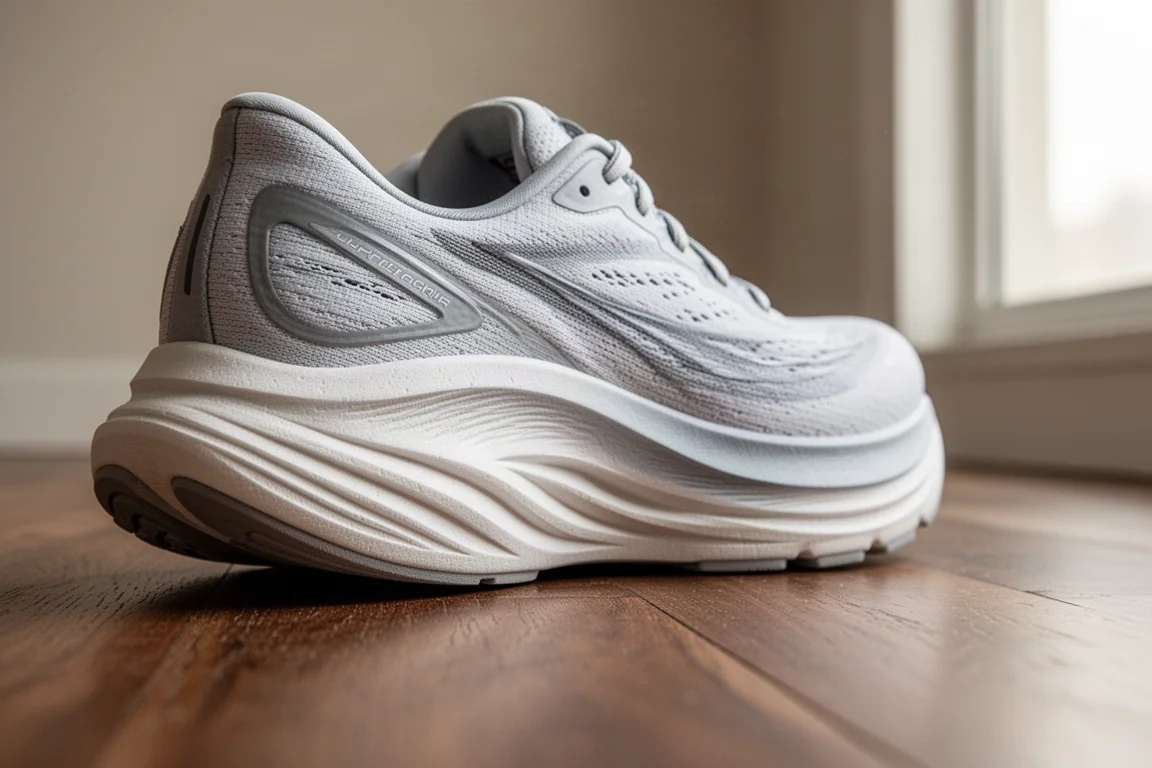 Primer plano de una mediasuela gruesa y acolchada en una zapatilla de running