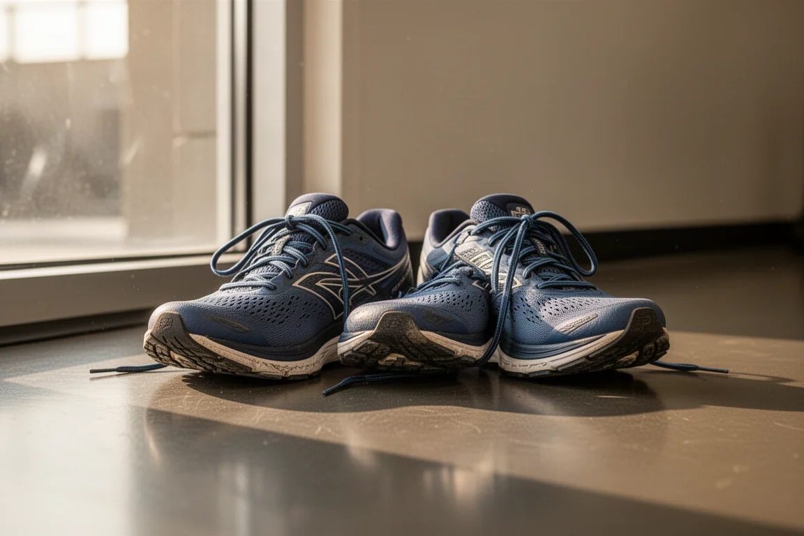 Dos zapatillas de running juntas en el suelo de un gimnasio tras correr