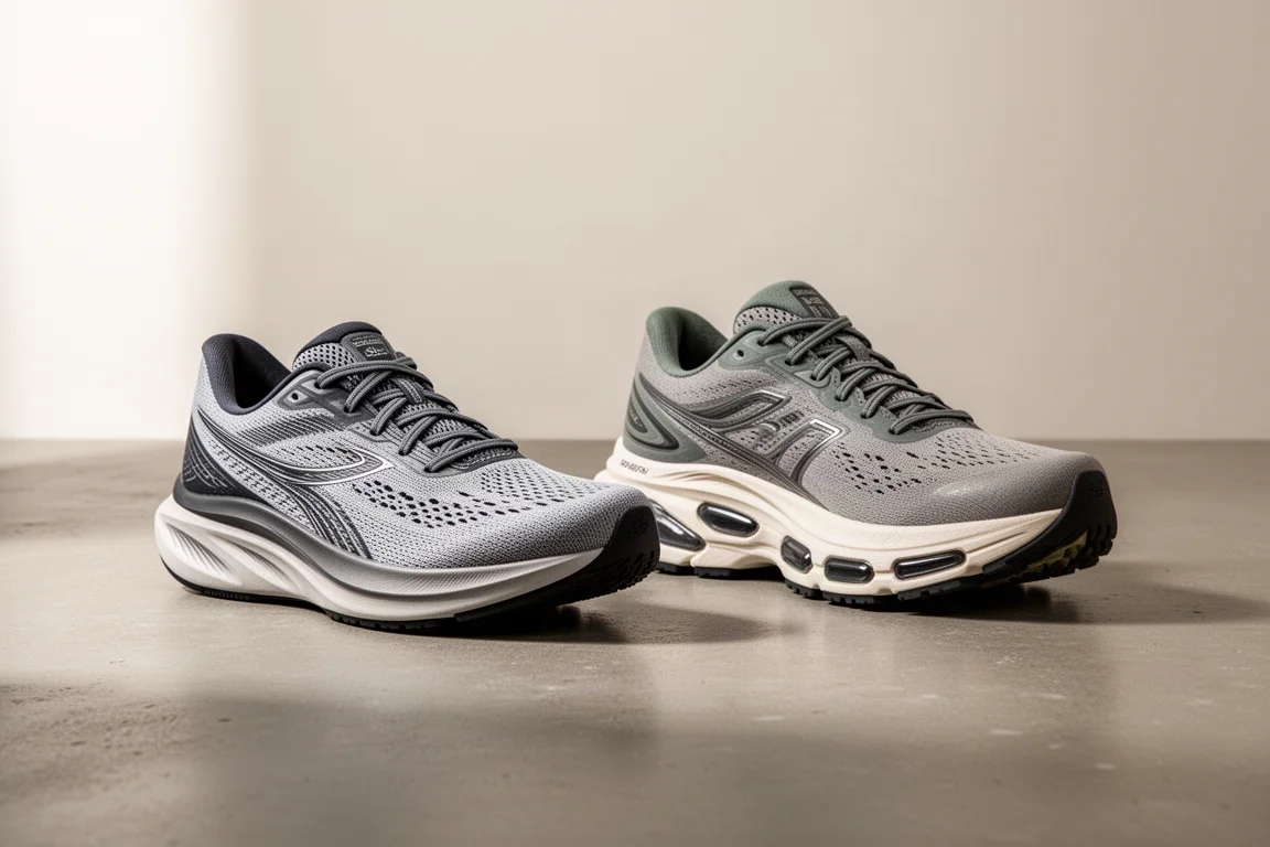 Hoka Mach 4 and Hoka Kawana running shoes side by side on concrete