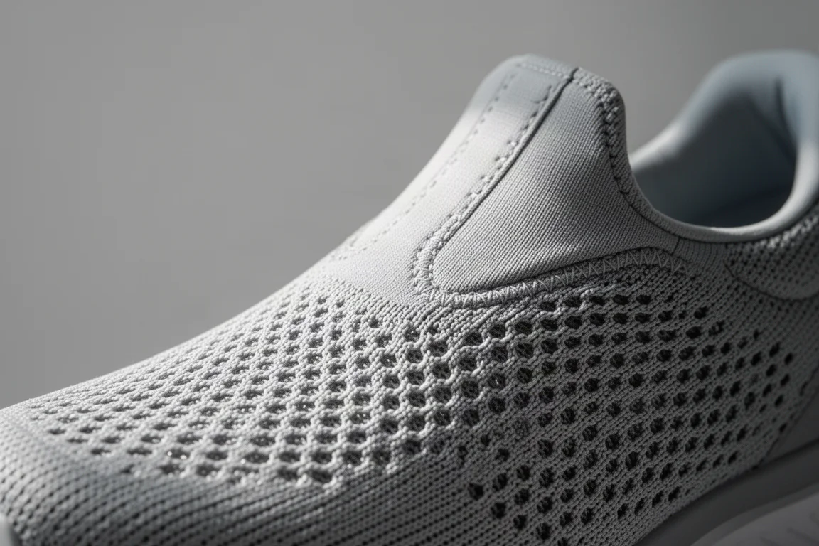 Close-up van een ademende engineered mesh upper van een schoen