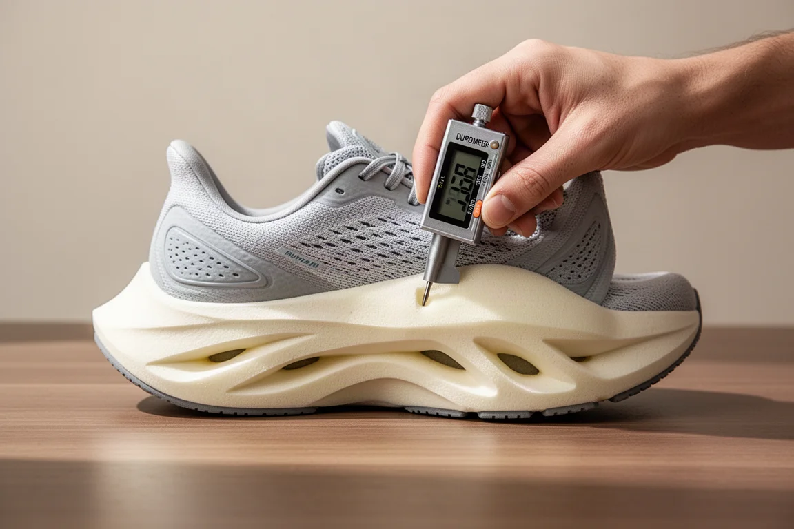 Compressietest van zacht tussenzoolschuim van een hardloopschoen met een durometer