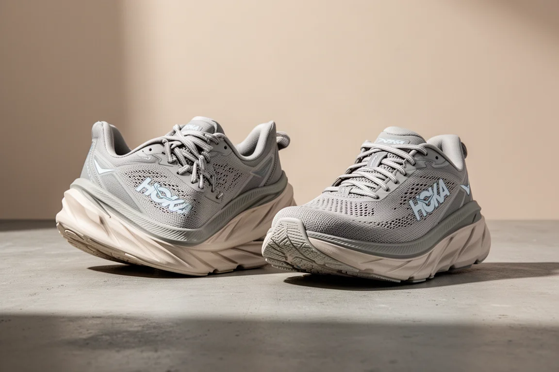 Two Hoka Mach road running shoes side by side on a concrete surface