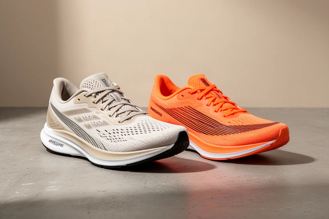 Hoka Mach 4 and Mach Supersonic running shoes side by side on concrete