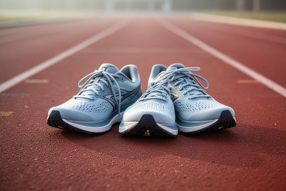 Twee lichte hardloopschoenen liggen in zacht ochtendlicht op een hardloopbaan