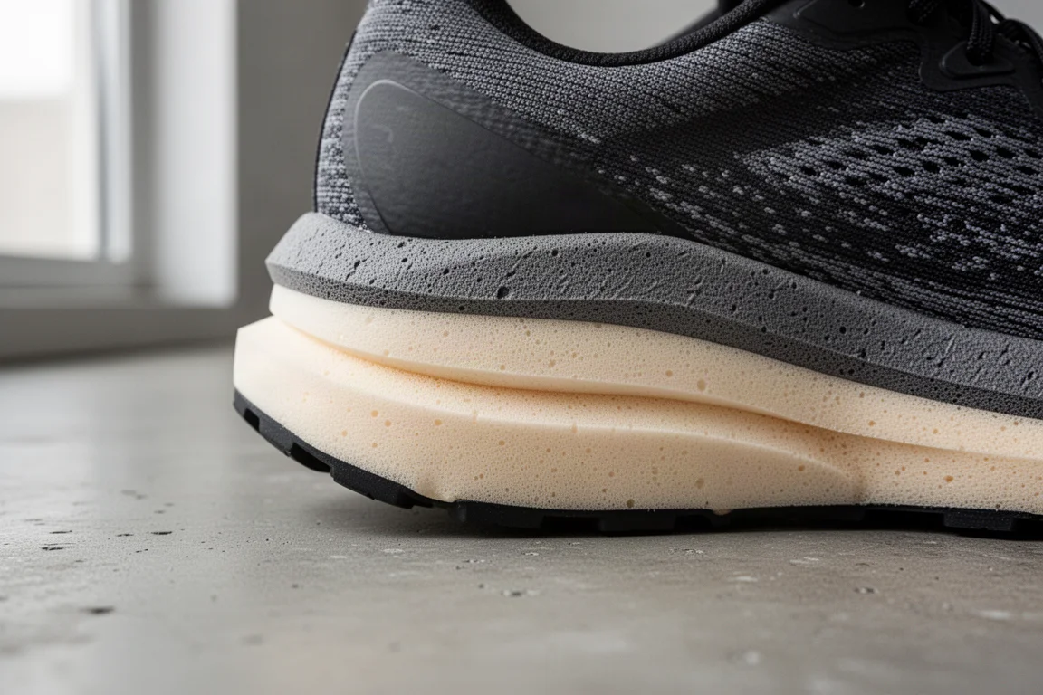 Close-up van een tussenzool met dubbele foamlaag van een hardloopschoen voor op de weg
