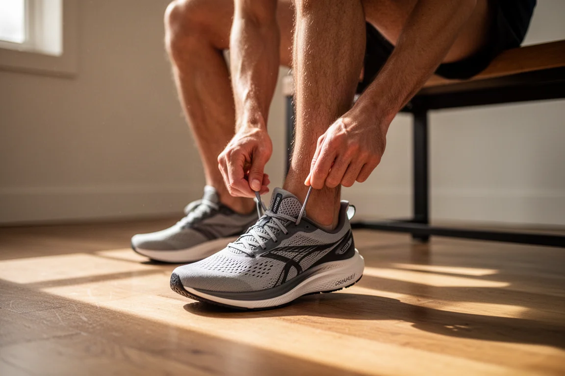 Hardloper strikt de veters van een lichte hardloopschoen op een houten vloer