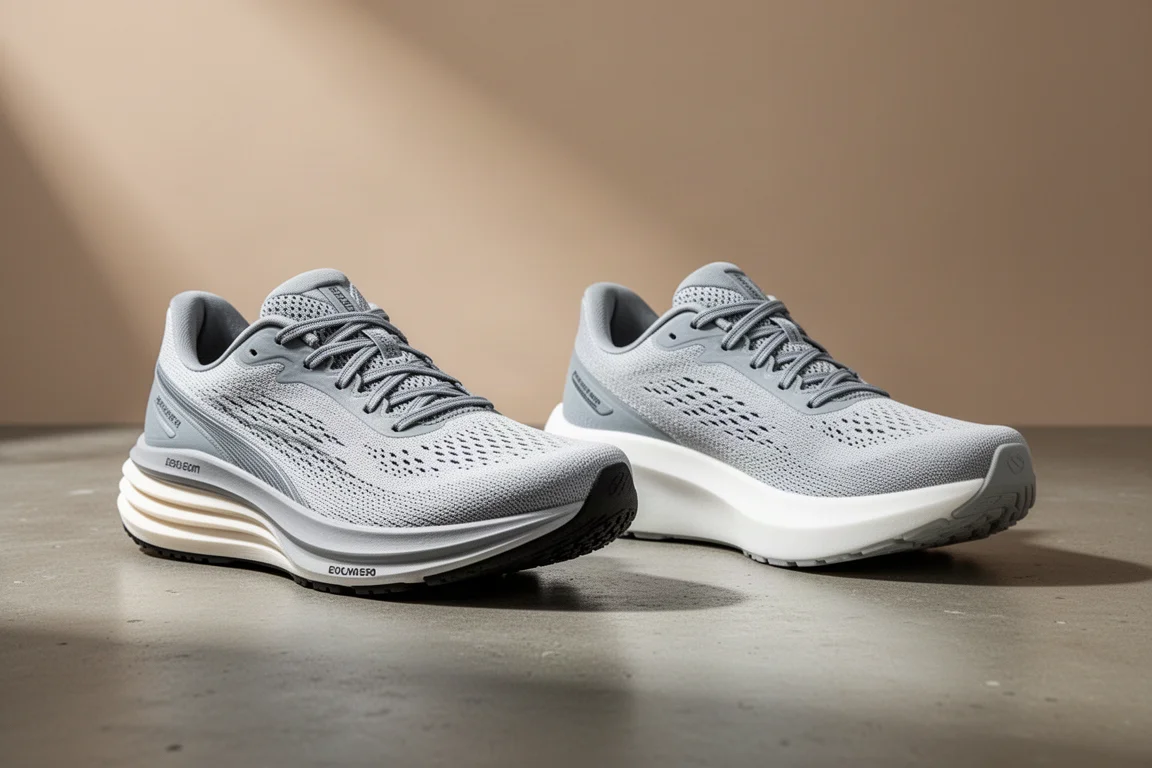 Two lightweight Hoka road running shoes side by side on a concrete surface