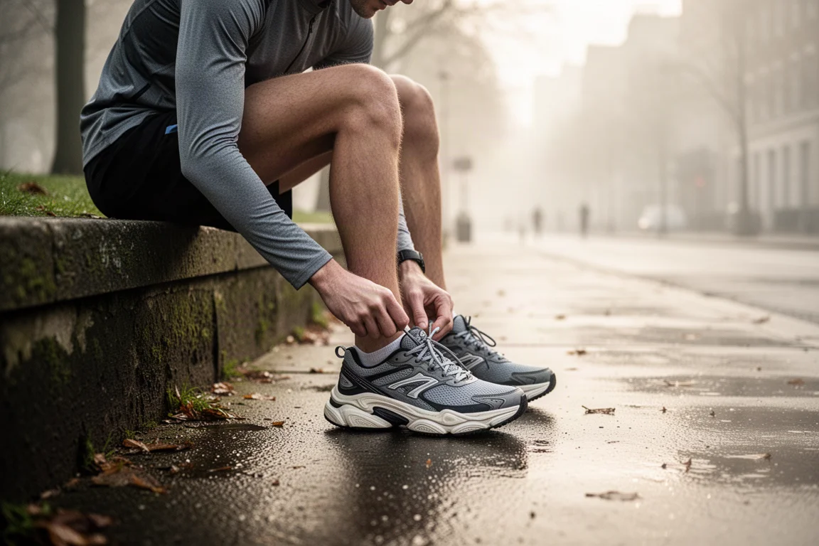 Corredor atándose unas zapatillas de running acolchadas en una acera urbana al amanecer