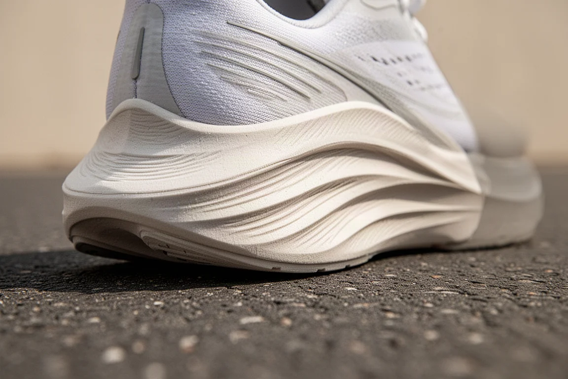 Primer plano de la mediasuela con forma de balancín de una zapatilla de running apoyada sobre el asfalto