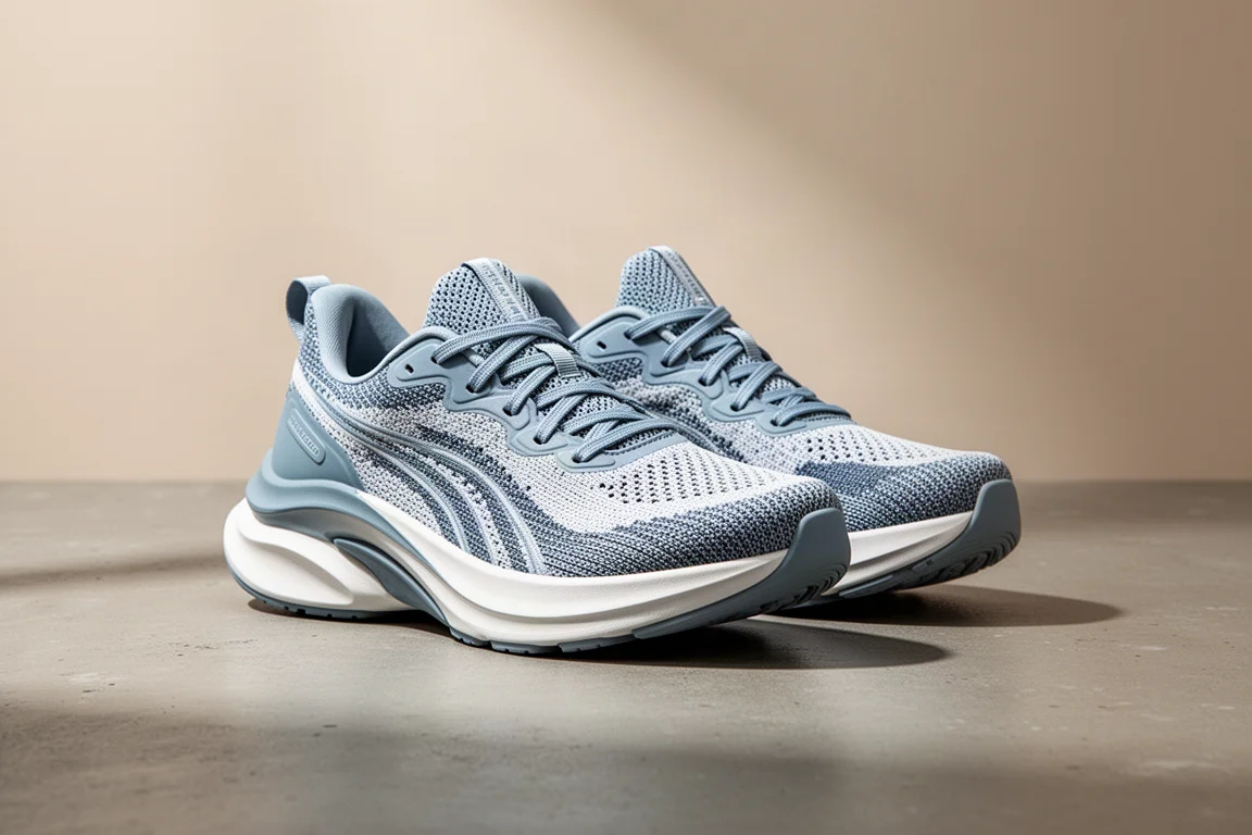 Pair of Hoka Mach 5 running shoes in three-quarter view on concrete