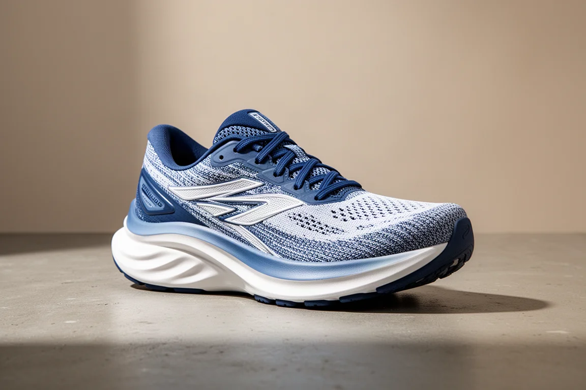 Hoka Mach 5 running shoe in blue and white on a matte concrete surface