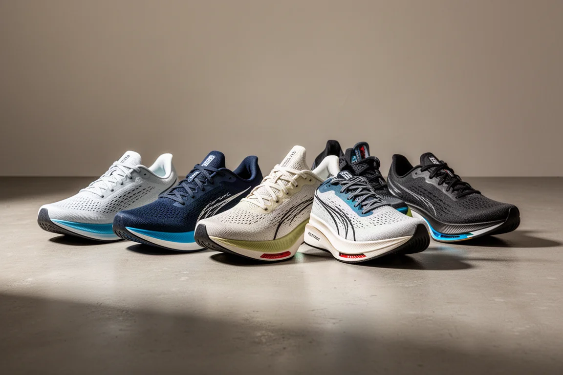 Five running shoes including daily trainers and tall-stacked racers on concrete