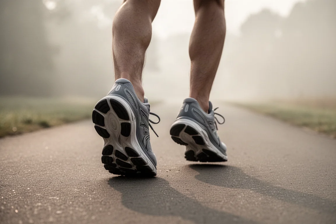 Corredor ajustando los cordones de una zapatilla ligera de running en un sendero con la suave luz de la mañana
