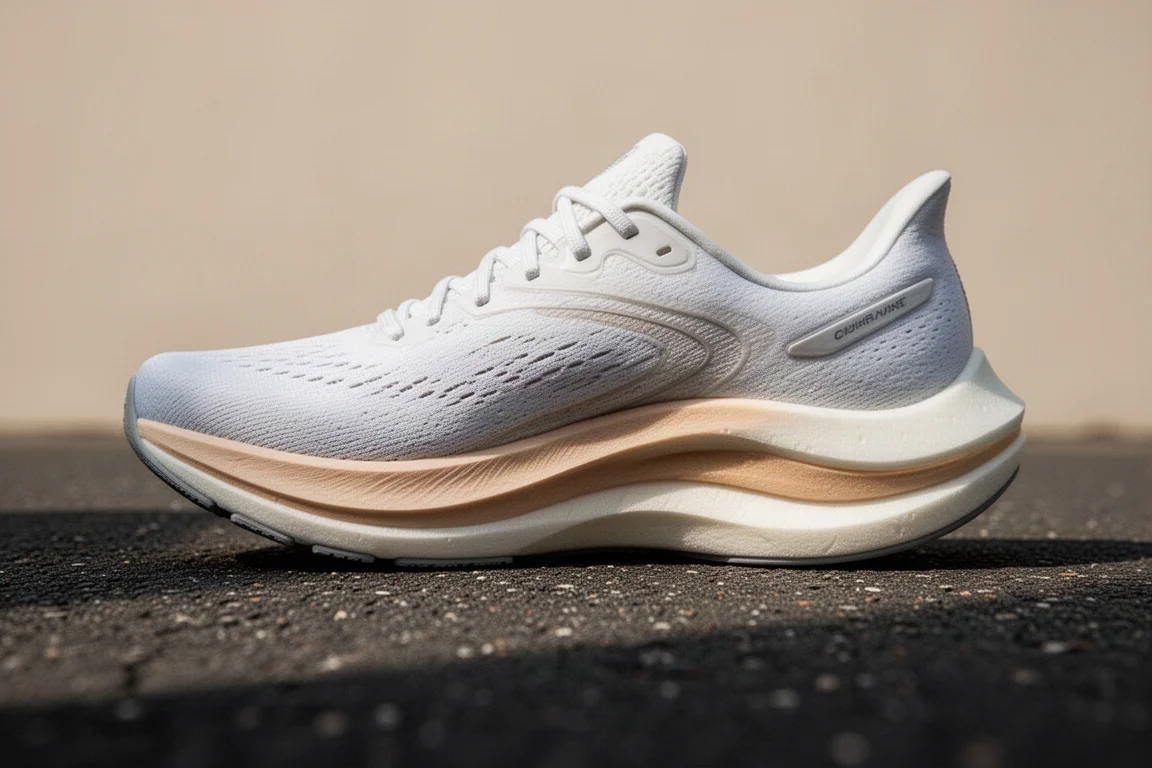 Primer plano de la mediasuela curvada en forma rocker de una zapatilla de running apoyada sobre el asfalto