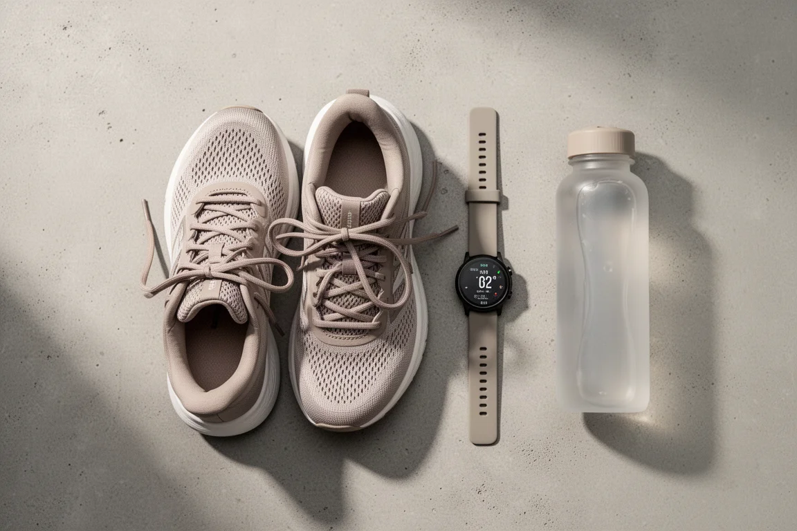 Zapatillas de running colocadas junto a un reloj y una botella sobre una superficie de hormigón