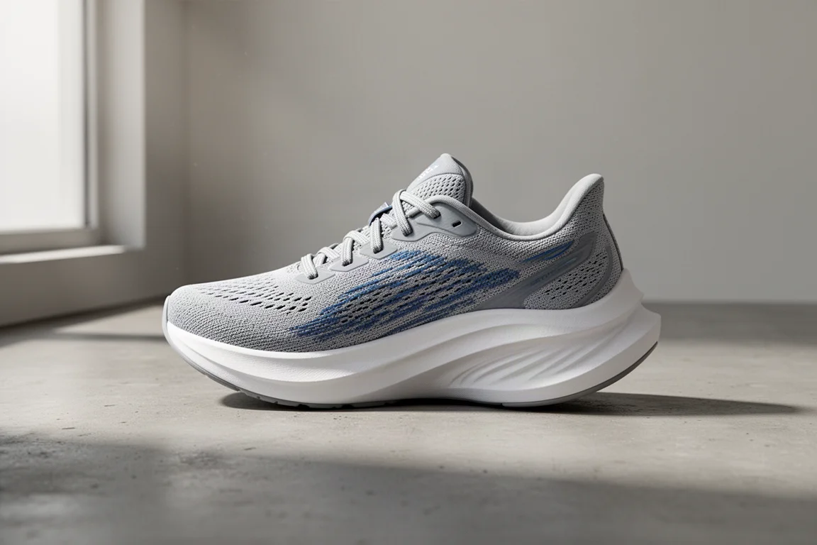 Hoka Mach 5 running shoe with thick white midsole on a concrete surface