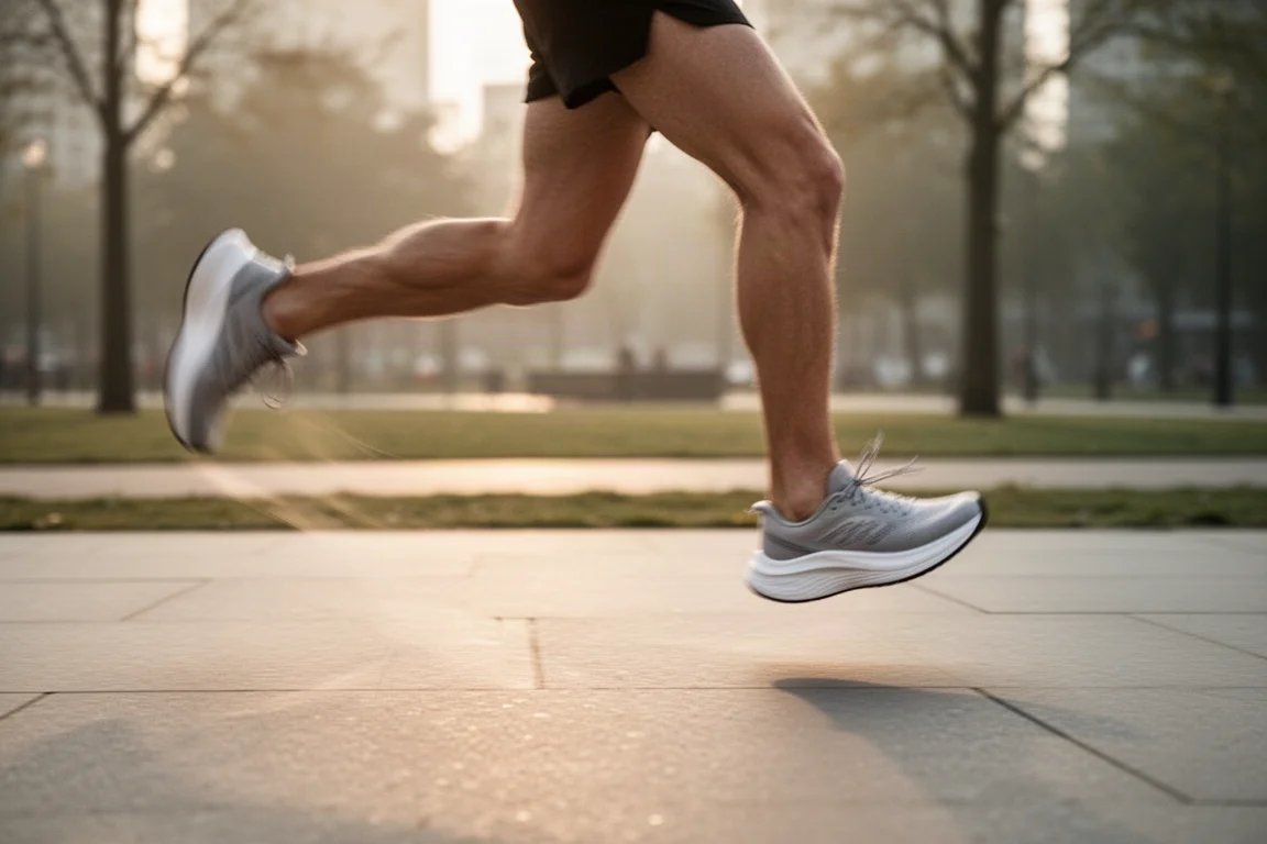 Runner a metà passo su asfalto liscio durante un allenamento mattutino presto