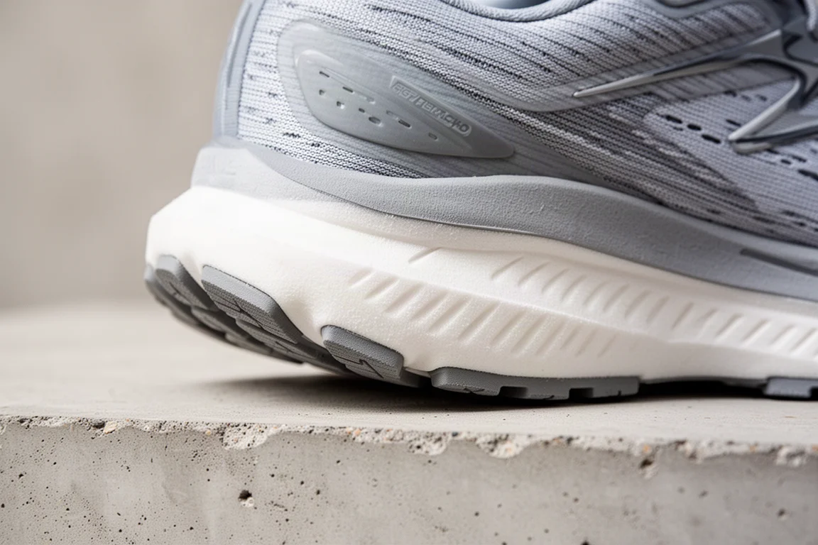Dettaglio della midsole a doppia densità di una scarpa da running che mostra il nucleo in schiuma morbida e lo strato esterno più rigido