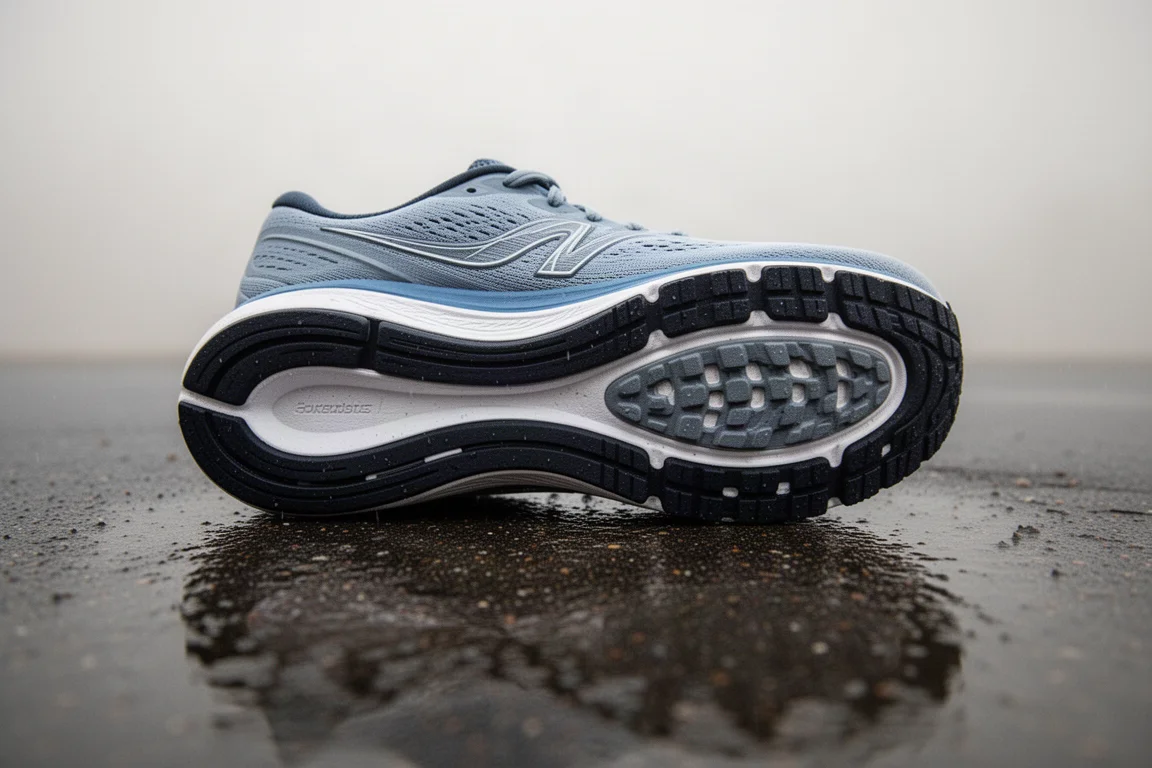 Suola di una scarpa da running con strato di midsole gommizzato appoggiata su asfalto bagnato